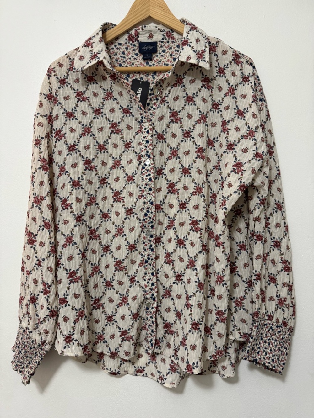Daytrip Cream Button-Up Shirt with Red Floral Print